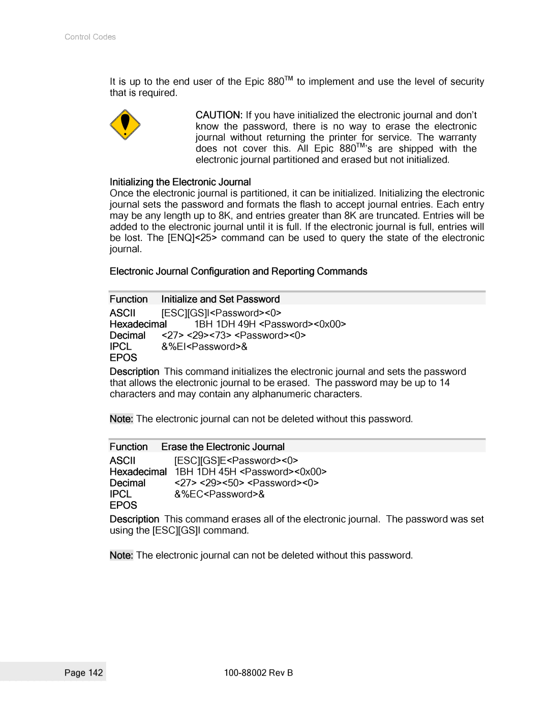 Epson 100-88002 Initializing the Electronic Journal, ESCGSIPassword0, EIPassword, Function Erase the Electronic Journal 