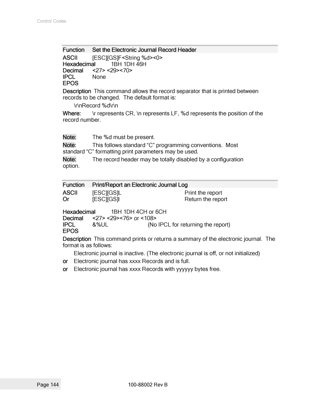 Epson 100-88002 manual Ascii Escgsl 