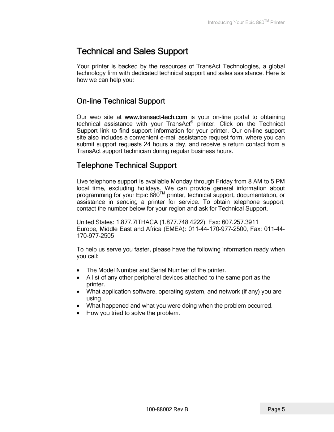 Epson 100-88002 manual Technical and Sales Support, On-line Technical Support Telephone Technical Support 