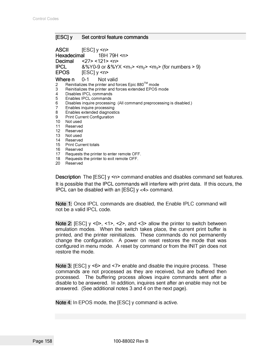 Epson 100-88002 manual ESC y Set control feature commands, Hexadecimal 1BH 79H n, Where n 