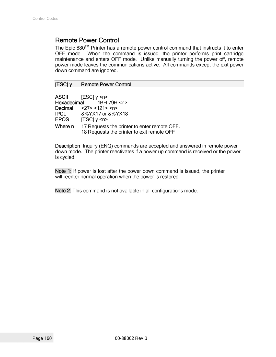 Epson 100-88002 manual ESC y Remote Power Control, Hexadecimal 1BH 79H n Decimal 27 121 n 