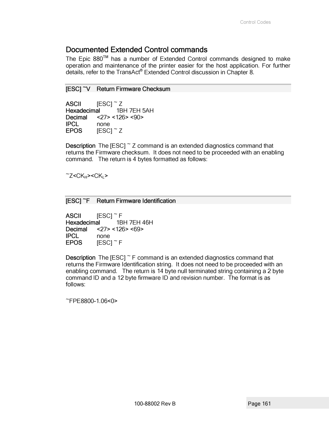 Epson 100-88002 manual Documented Extended Control commands, 1BH 7EH 5AH 