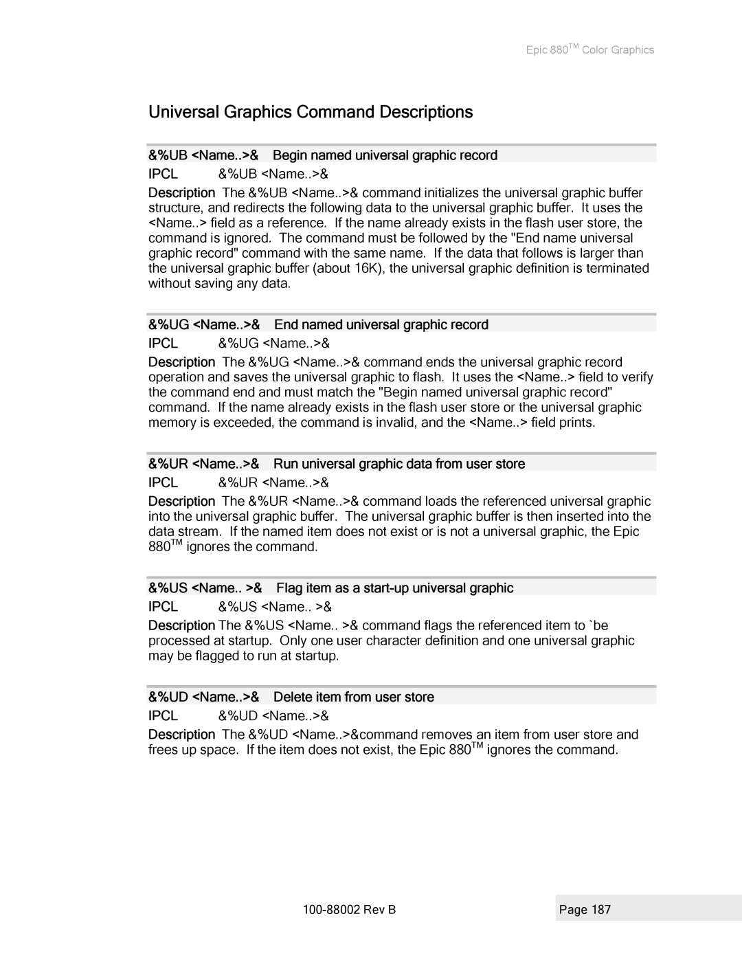 Epson 100-88002 manual Universal Graphics Command Descriptions 