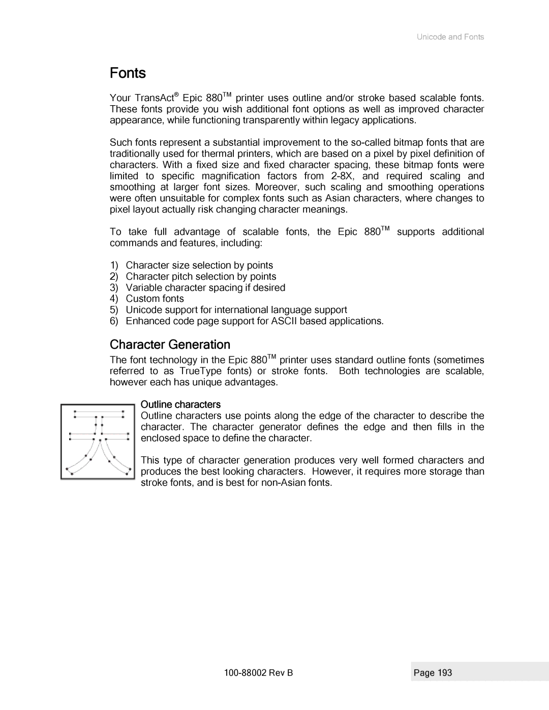 Epson 100-88002 manual Fonts, Character Generation, Outline characters 