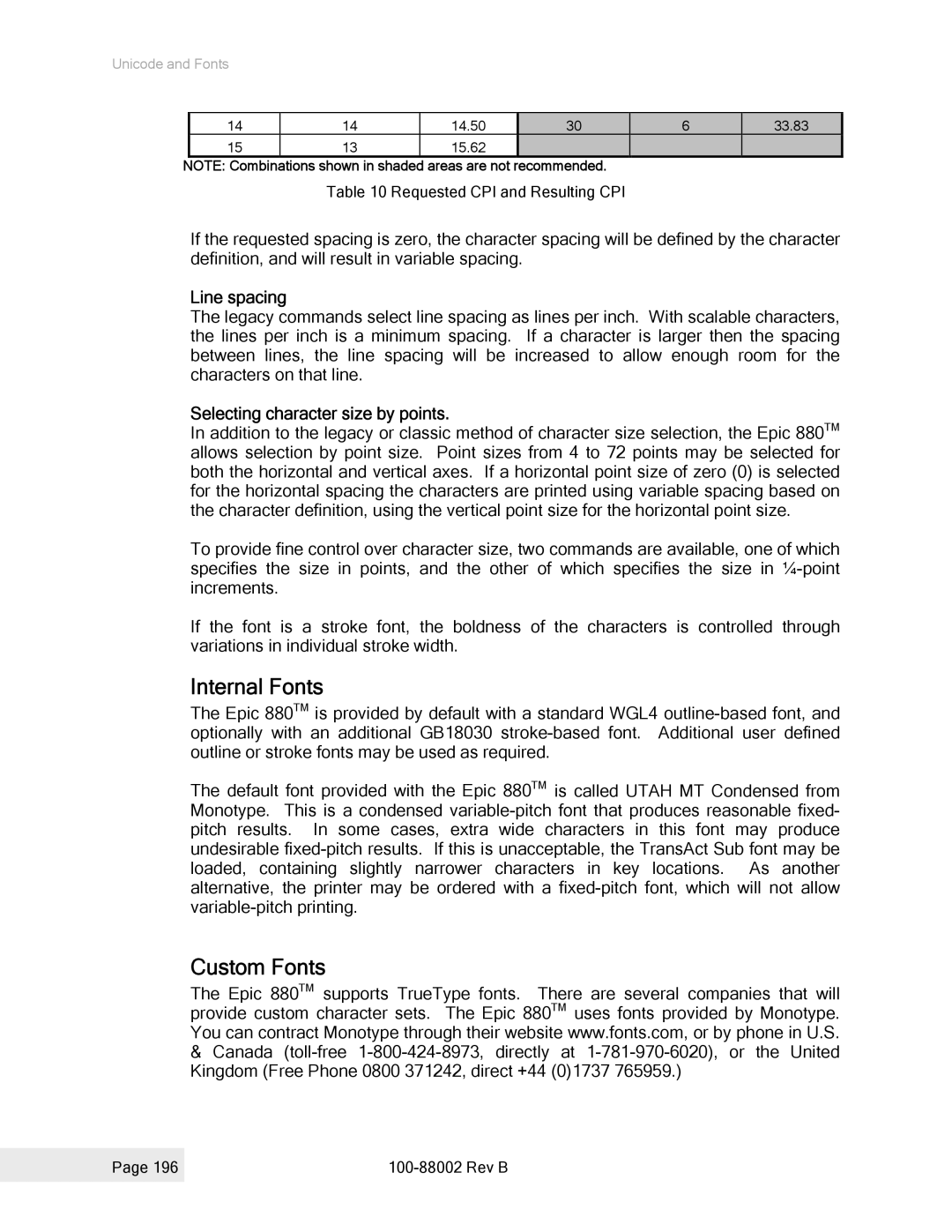 Epson 100-88002 manual Internal Fonts, Custom Fonts, Line spacing, Selecting character size by points 