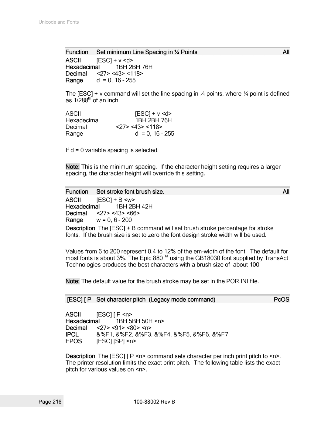 Epson 100-88002 manual Function Set stroke font brush size All, ESC P Set character pitch Legacy mode command 