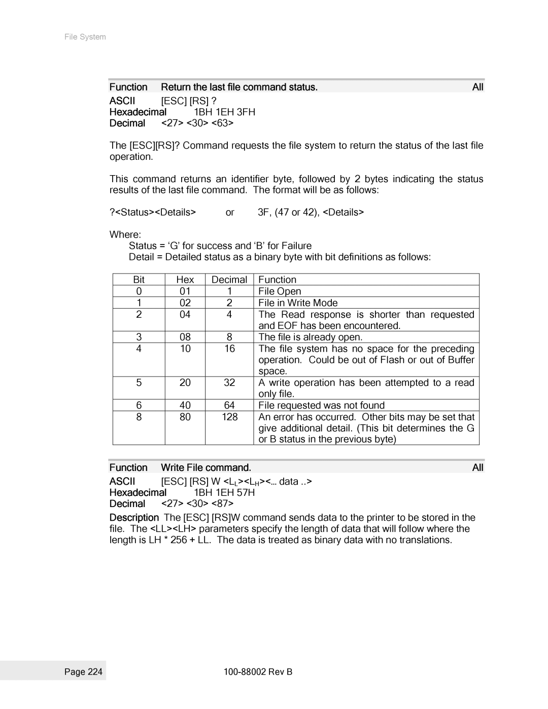 Epson 100-88002 manual Function Return the last file command status All, ESC RS ? Hexadecimal, 1BH 1EH 3FH 