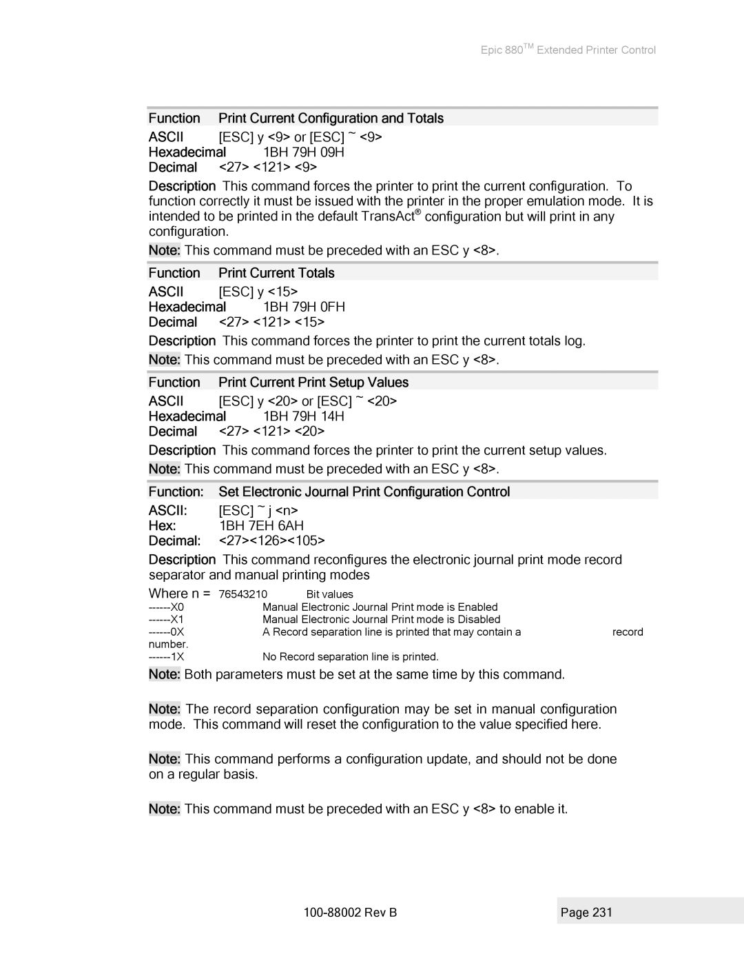 Epson 100-88002 manual Function Print Current Configuration and Totals, Hexadecimal 1BH 79H 0FH Decimal 27 121 