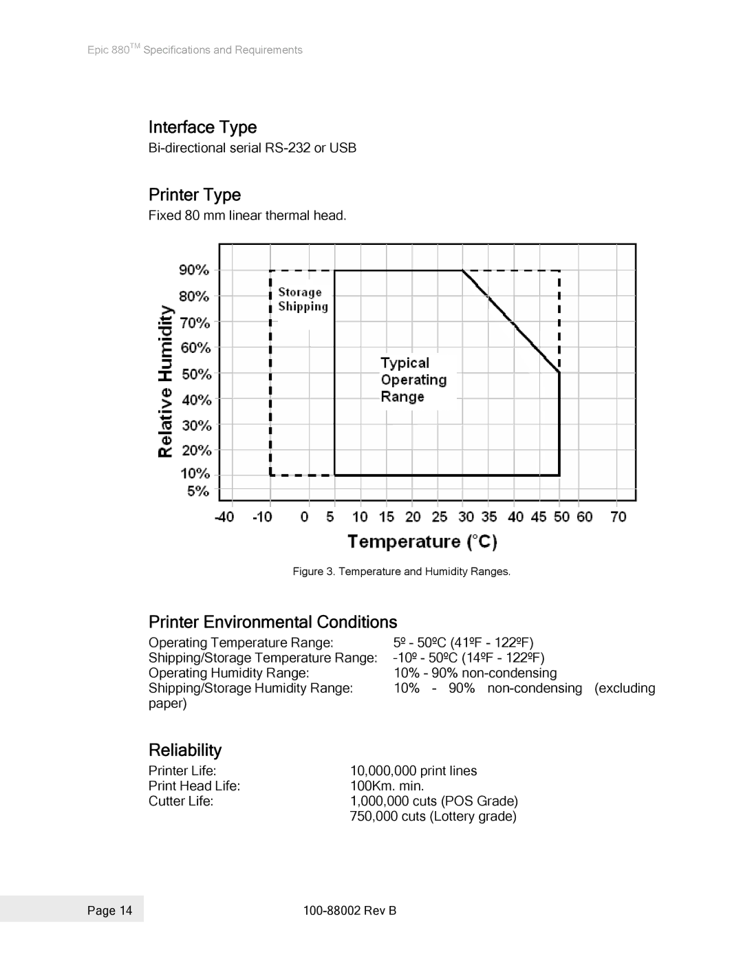 Epson 100-88002 manual Interface Type, Printer Type, Printer Environmental Conditions, Reliability 