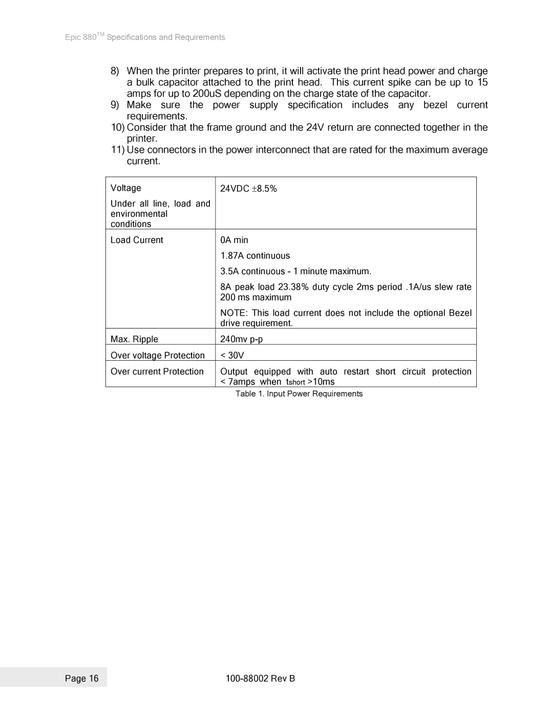 Epson 100-88002 manual Input Power Requirements 