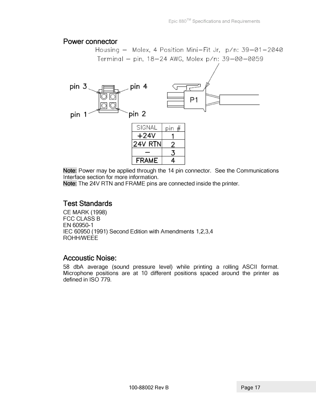 Epson 100-88002 manual Power connector Test Standards, Accoustic Noise 