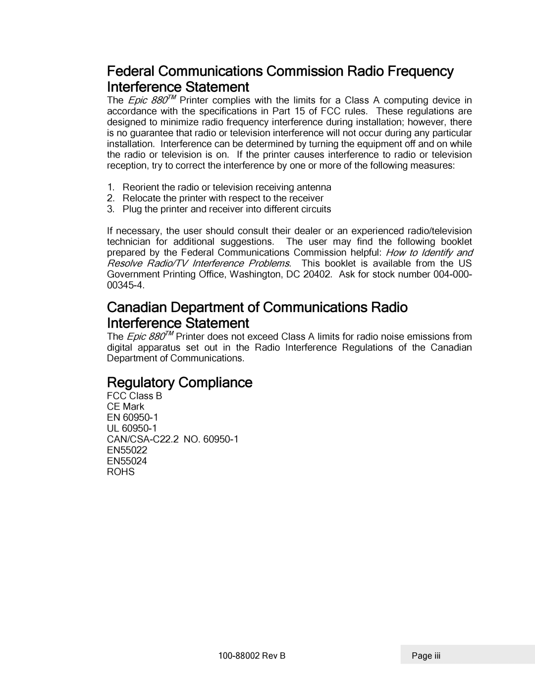 Epson 100-88002 manual Regulatory Compliance 