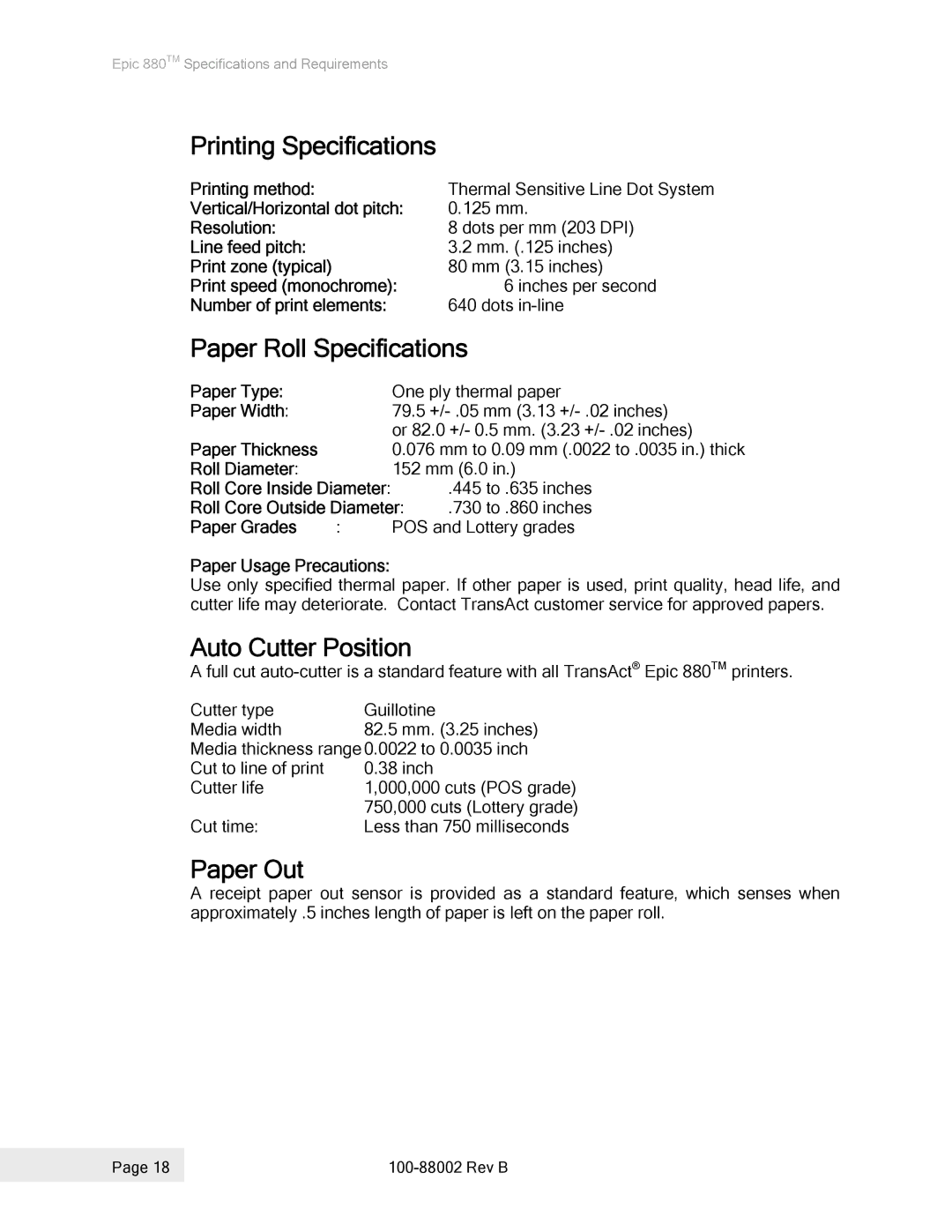 Epson 100-88002 manual Printing Specifications, Paper Roll Specifications, Auto Cutter Position, Paper Out 