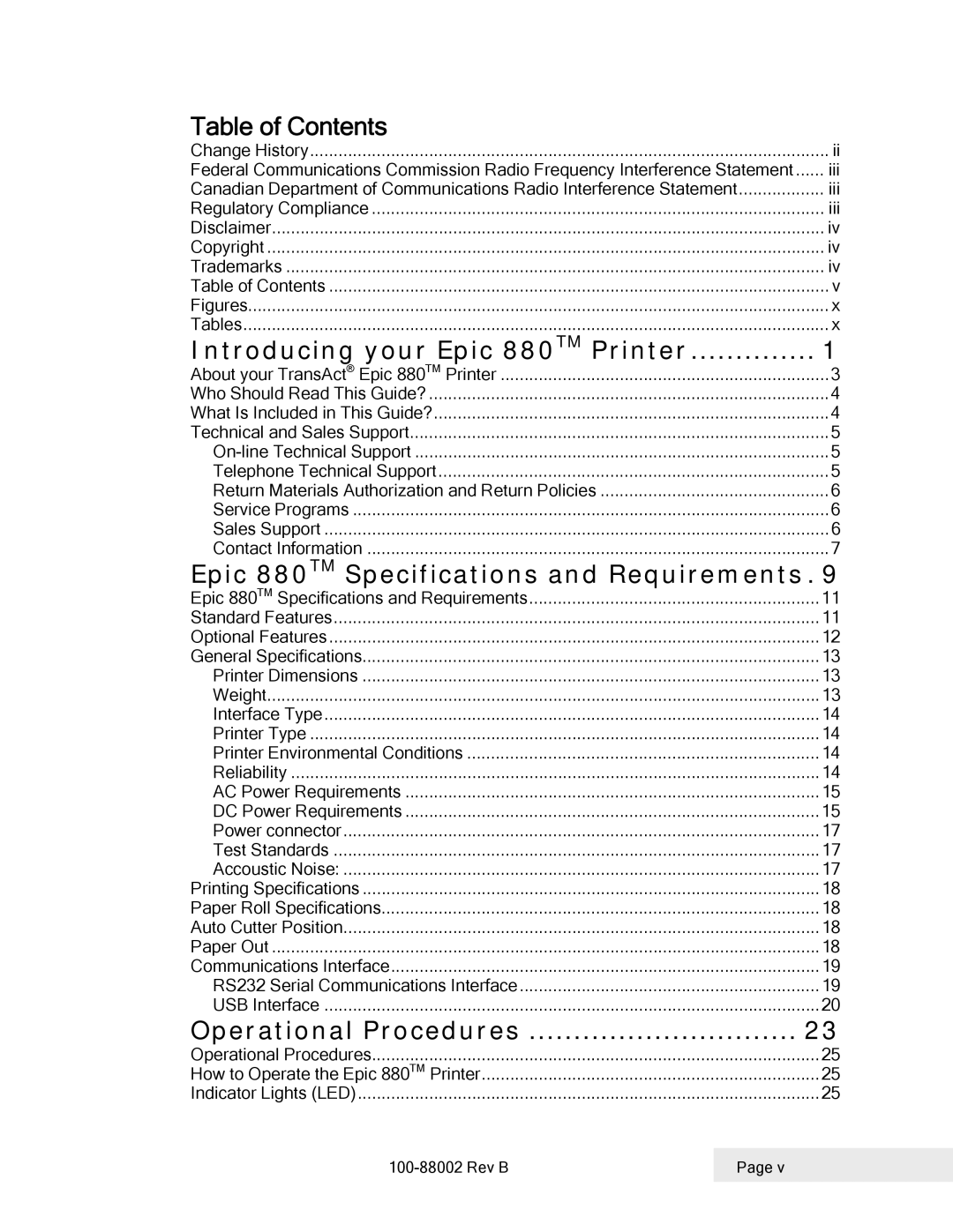 Epson 100-88002 manual Table of Contents, Epic 880TM Specifications and Requirements 