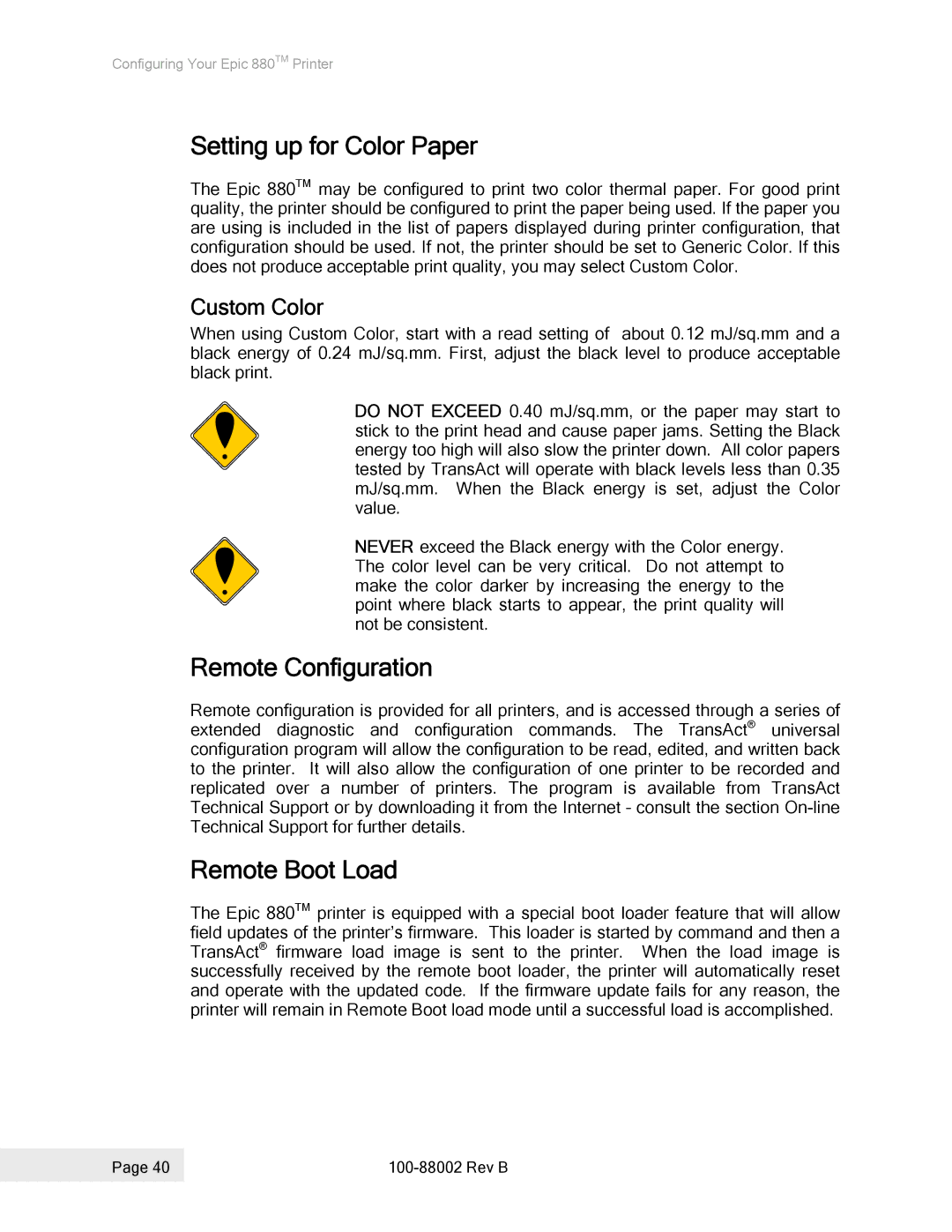 Epson 100-88002 manual Setting up for Color Paper, Remote Configuration, Remote Boot Load, Custom Color 