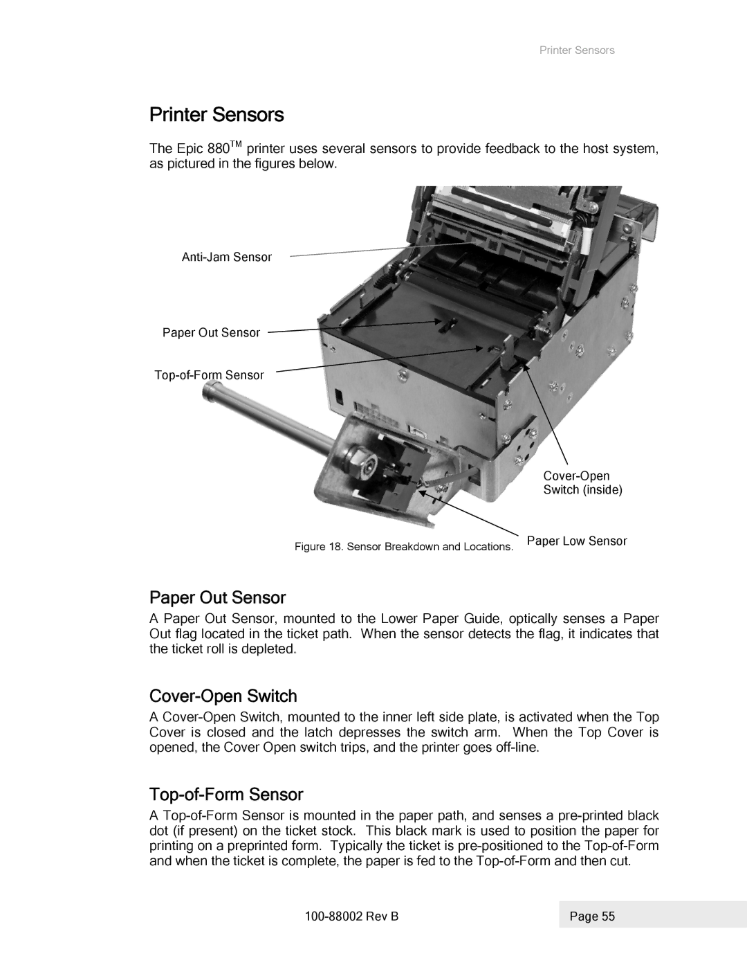 Epson 100-88002 manual Printer Sensors, Paper Out Sensor, Cover-Open Switch, Top-of-Form Sensor 