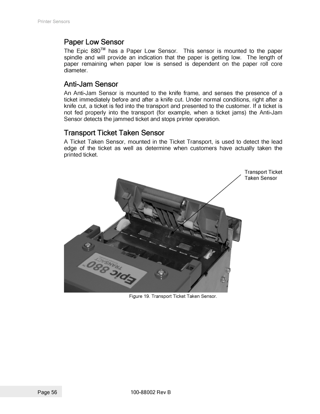 Epson 100-88002 manual Paper Low Sensor, Anti-Jam Sensor, Transport Ticket Taken Sensor 