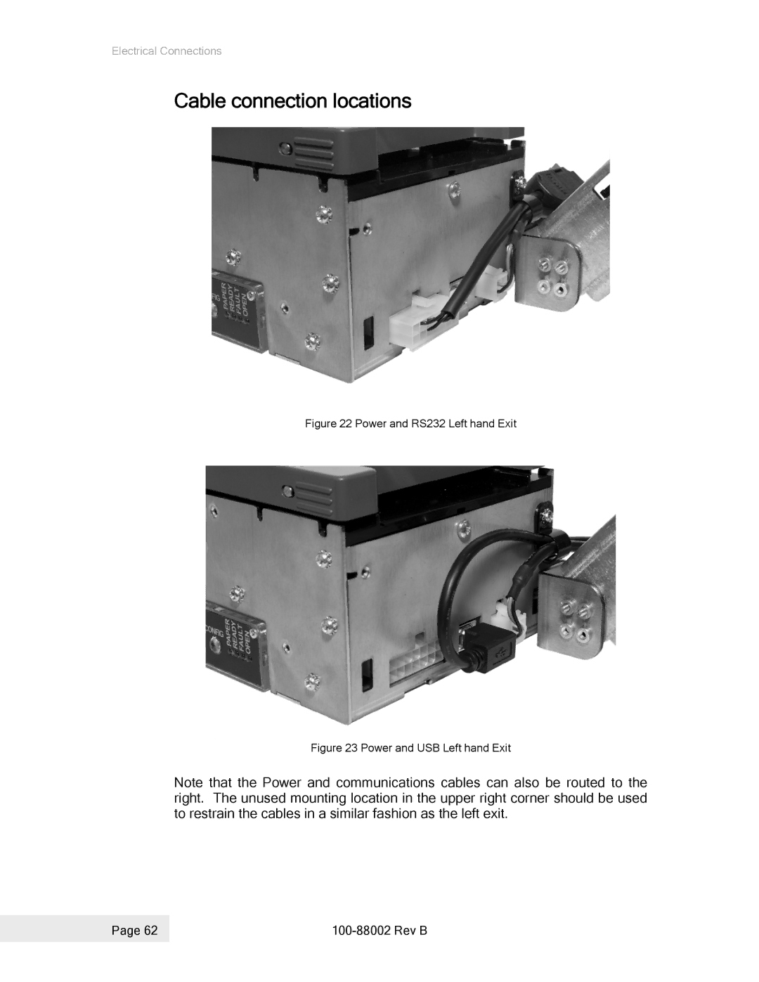 Epson 100-88002 manual Cable connection locations, Power and RS232 Left hand Exit 