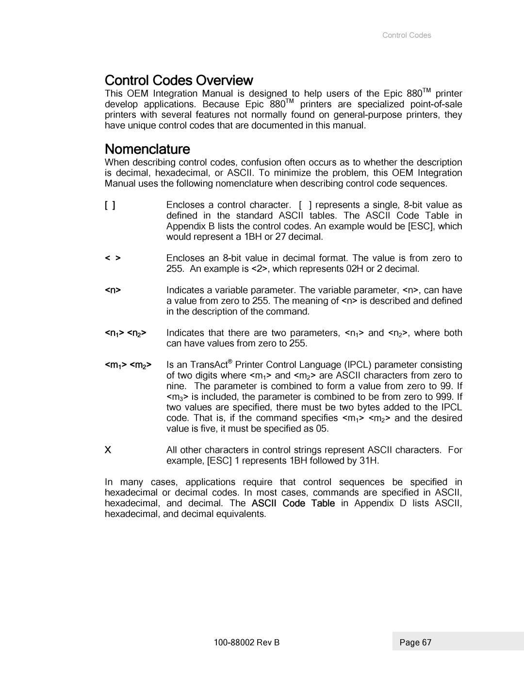 Epson 100-88002 manual Control Codes Overview, Nomenclature, N1 n2, M1 m2 