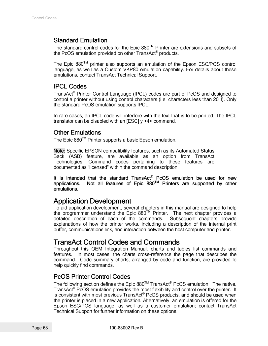 Epson 100-88002 manual Application Development, TransAct Control Codes and Commands 