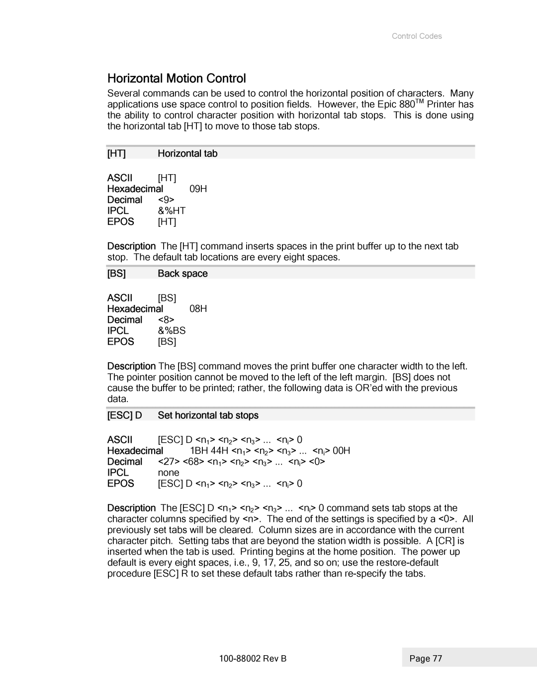 Epson 100-88002 manual Horizontal Motion Control 