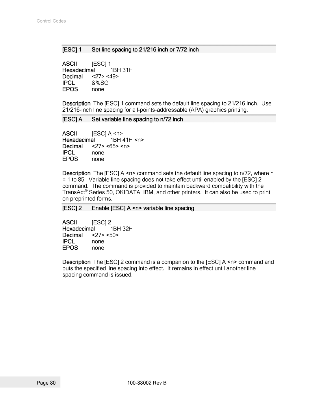 Epson 100-88002 manual ESC Set line spacing to 21/216 inch or 7/72 inch, Hexadecimal 1BH 31H Decimal, Hexadecimal 1BH 41H n 