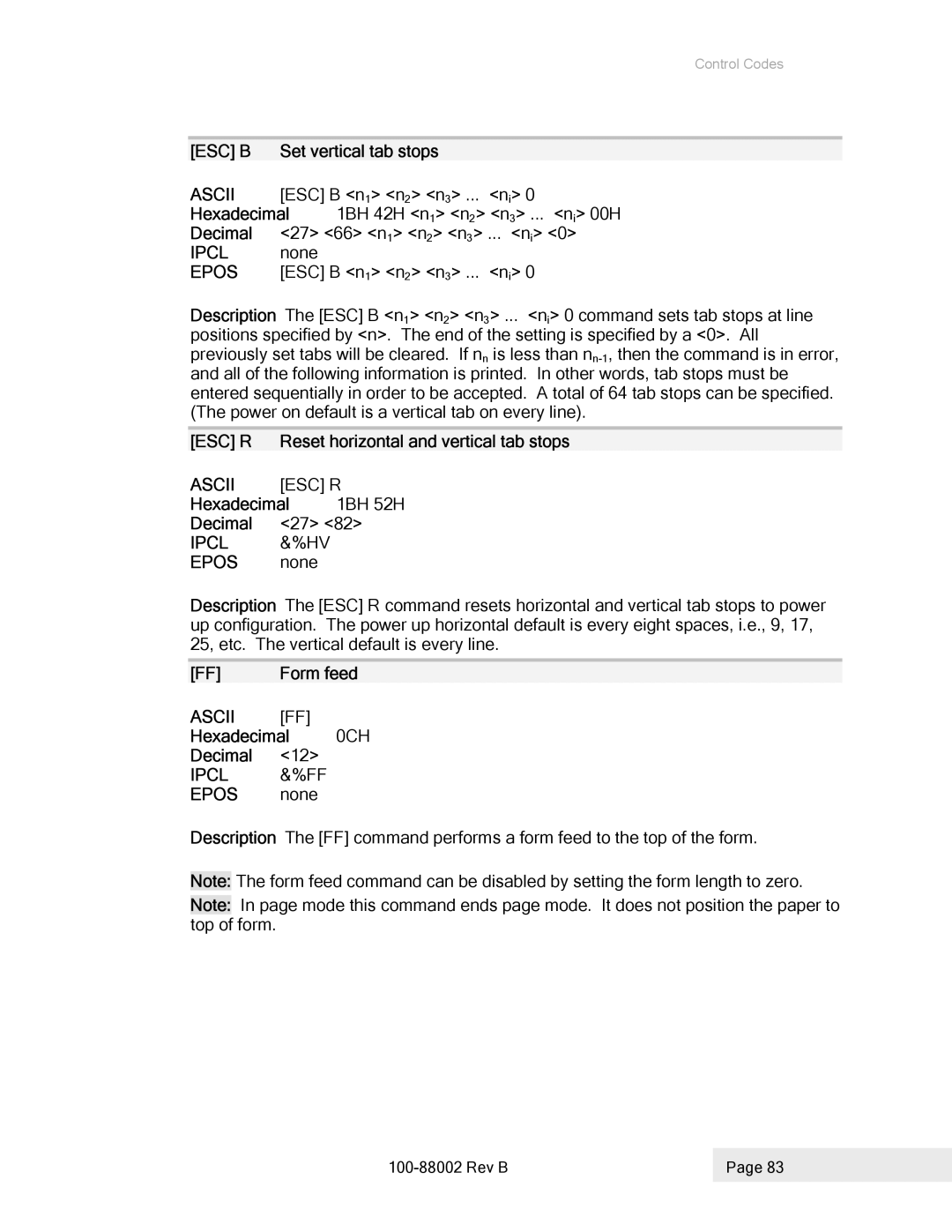 Epson 100-88002 manual Esc B, Ascii FF, Ipcl &%FF 