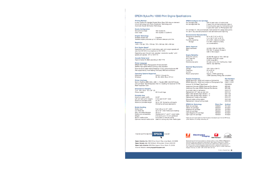 Epson manual Epson Stylus Pro 10000 Print Engine Specifications 
