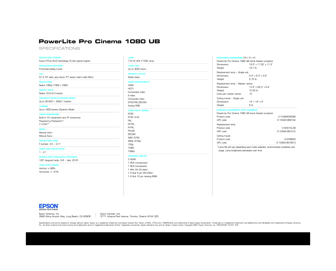 Epson manual PowerLite Pro Cinema 1080 UB, Specifications 