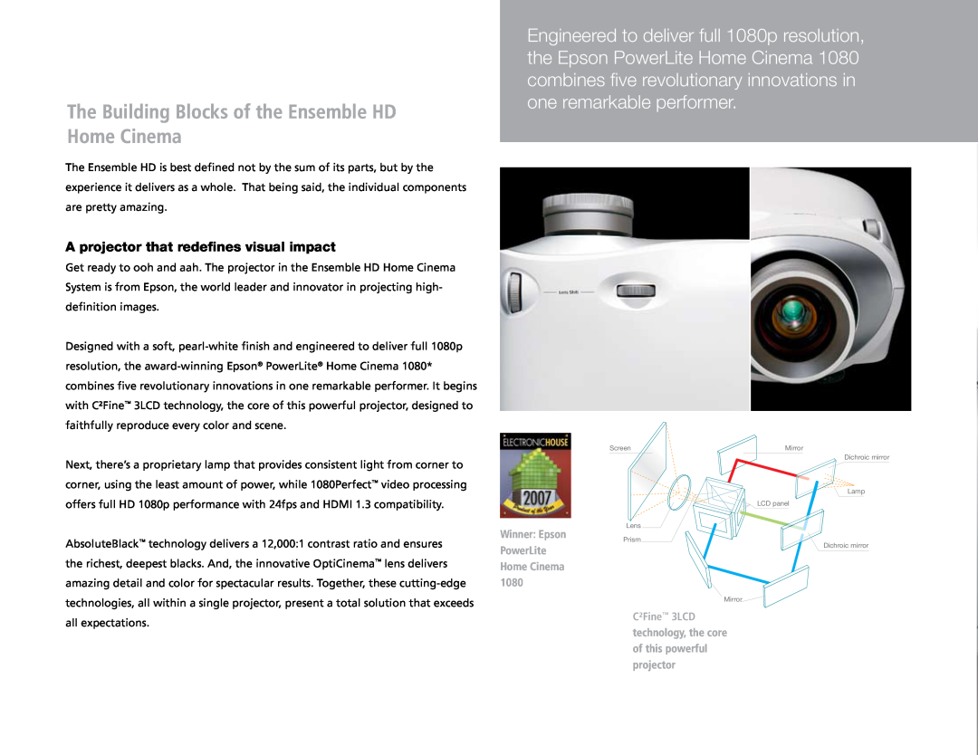 Epson 1080p manual A projector that redefines visual impact, Winner: Epson, PowerLite, Home Cinema 