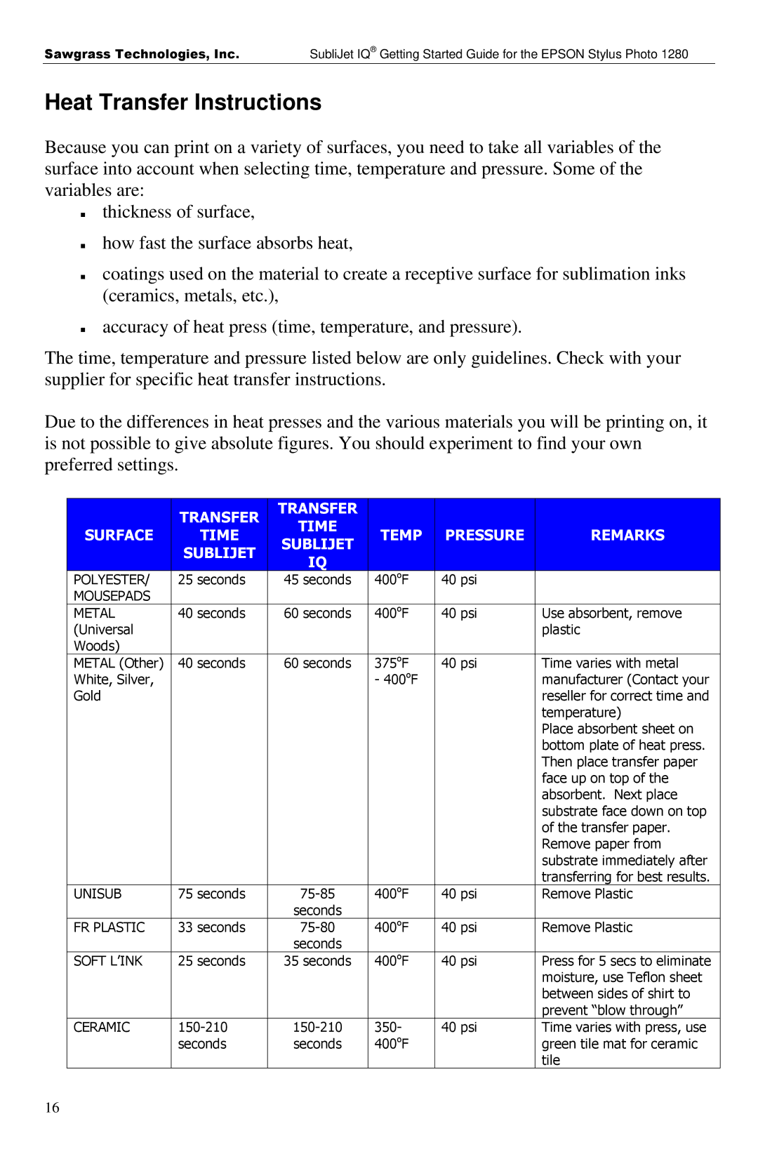 Epson 1280 manual Heat Transfer Instructions, Transfer Time Surface Temp Pressure Remarks Sublijet 