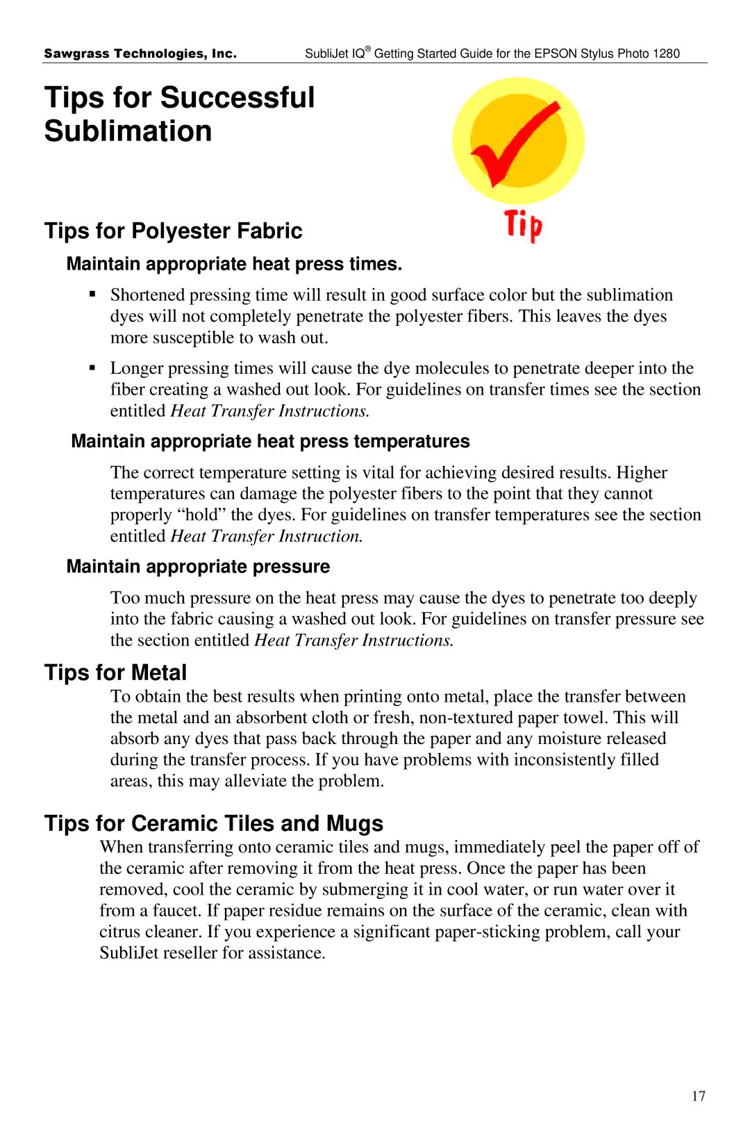 Epson 1280 manual Tips for Polyester Fabric, Tips for Metal, Tips for Ceramic Tiles and Mugs 