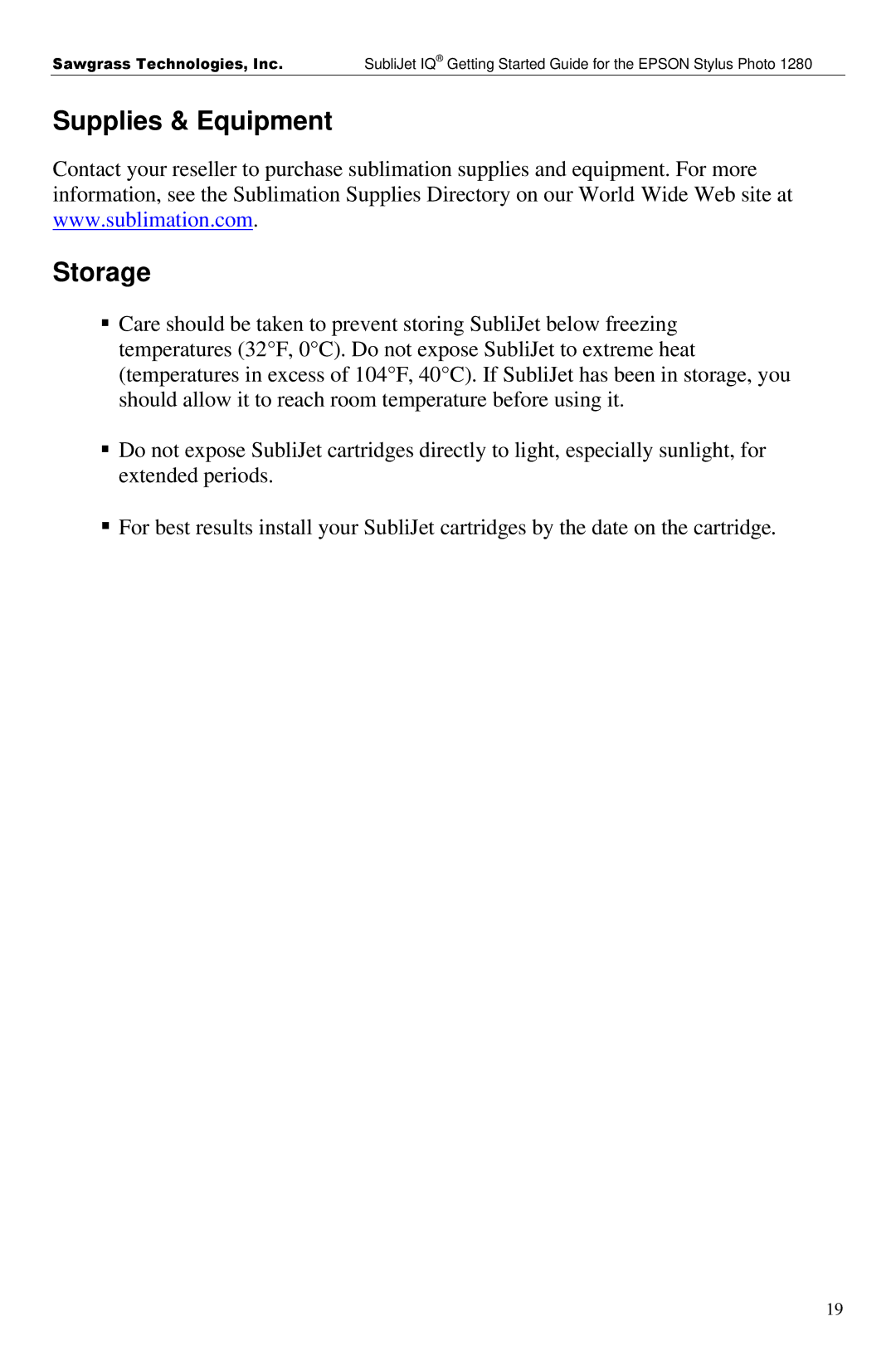 Epson 1280 manual Supplies & Equipment Storage 