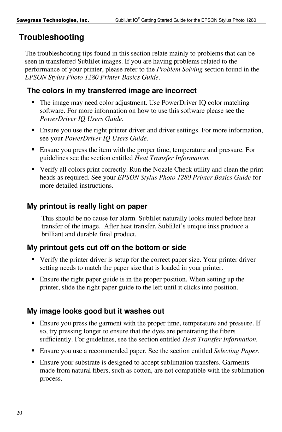 Epson 1280 manual Troubleshooting, Colors in my transferred image are incorrect 