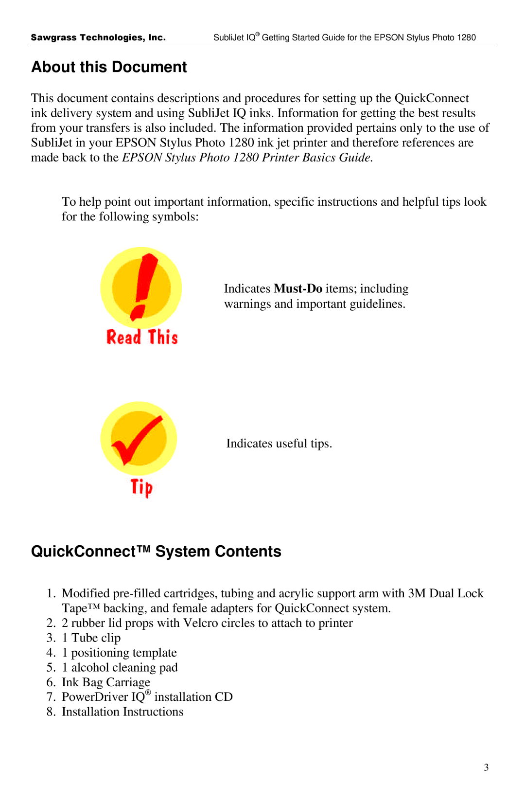 Epson 1280 manual About this Document, QuickConnect System Contents 