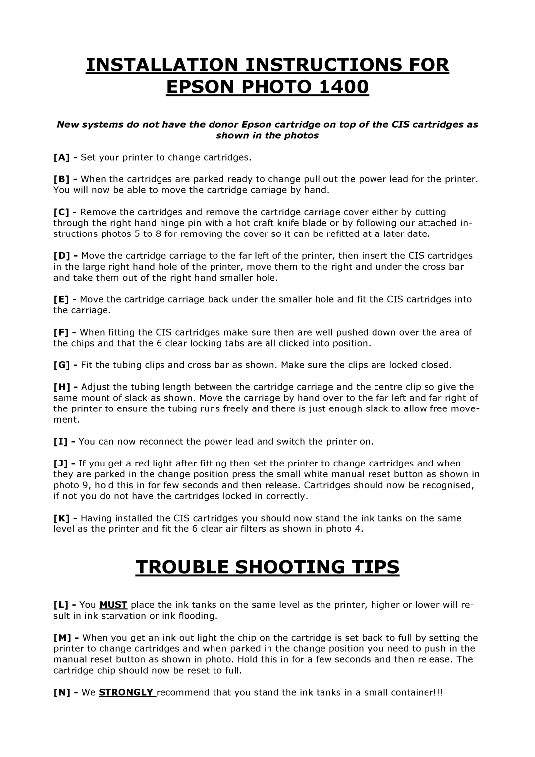 Epson 1400 installation instructions Installation Instructions for Epson Photo 