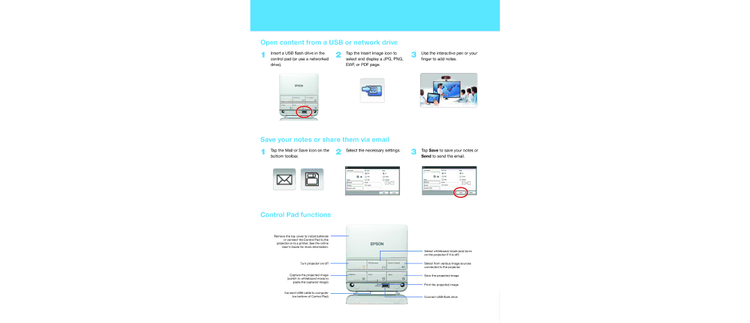 Epson 1420Wi/1430Wi warranty Open content from a USB or network drive, Save your notes or share them via email 