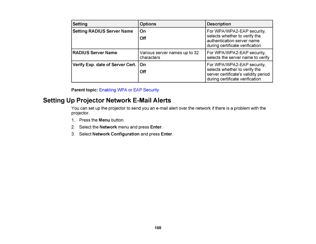 Epson 1430Wi, 1420Wi Setting Up Projector Network E-Mail Alerts, Setting Options Description Setting Radius Server Name 