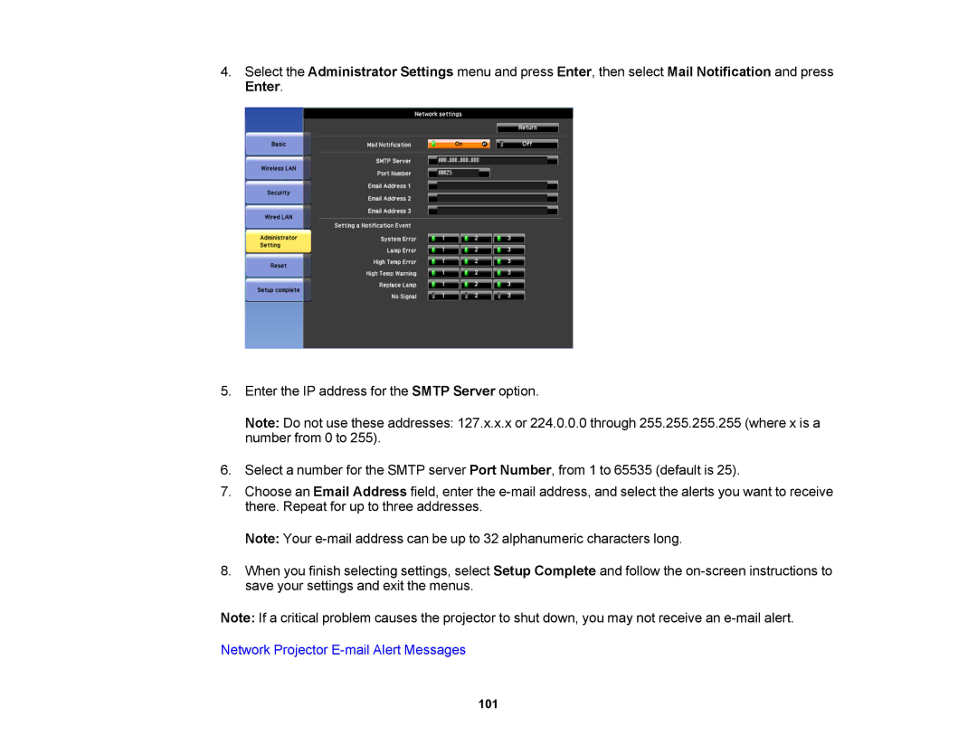 Epson 1420Wi, 1430Wi manual Network Projector E-mail Alert Messages 