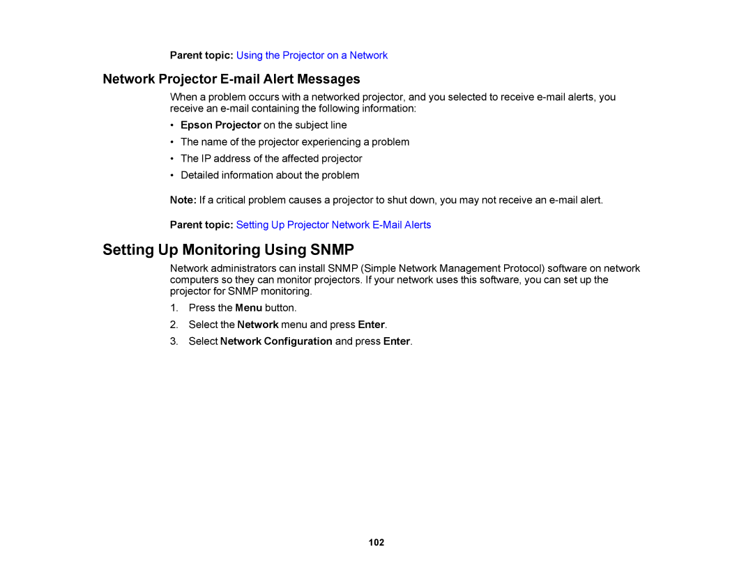 Epson 1430Wi, 1420Wi manual Setting Up Monitoring Using Snmp, Network Projector E-mail Alert Messages 