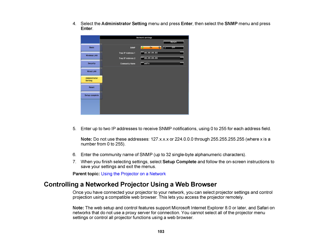 Epson 1420Wi, 1430Wi manual Controlling a Networked Projector Using a Web Browser 