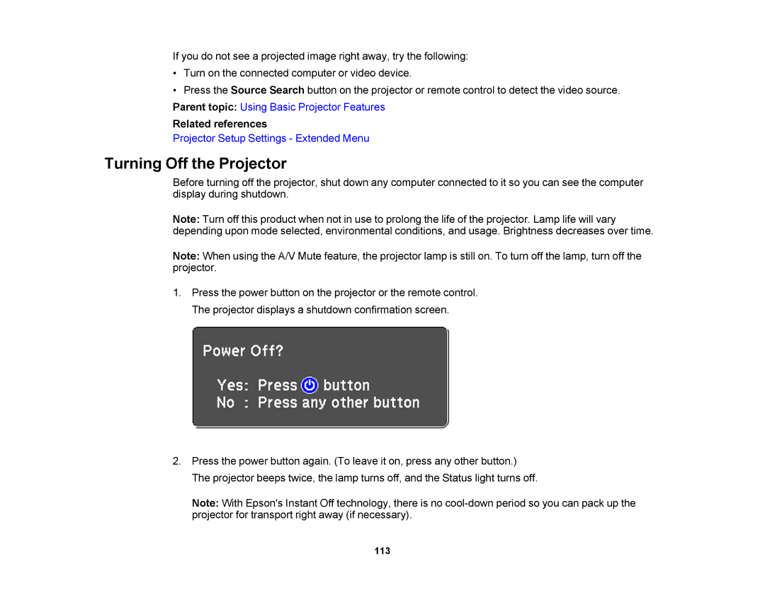 Epson 1420Wi, 1430Wi manual Turning Off the Projector, Related references 