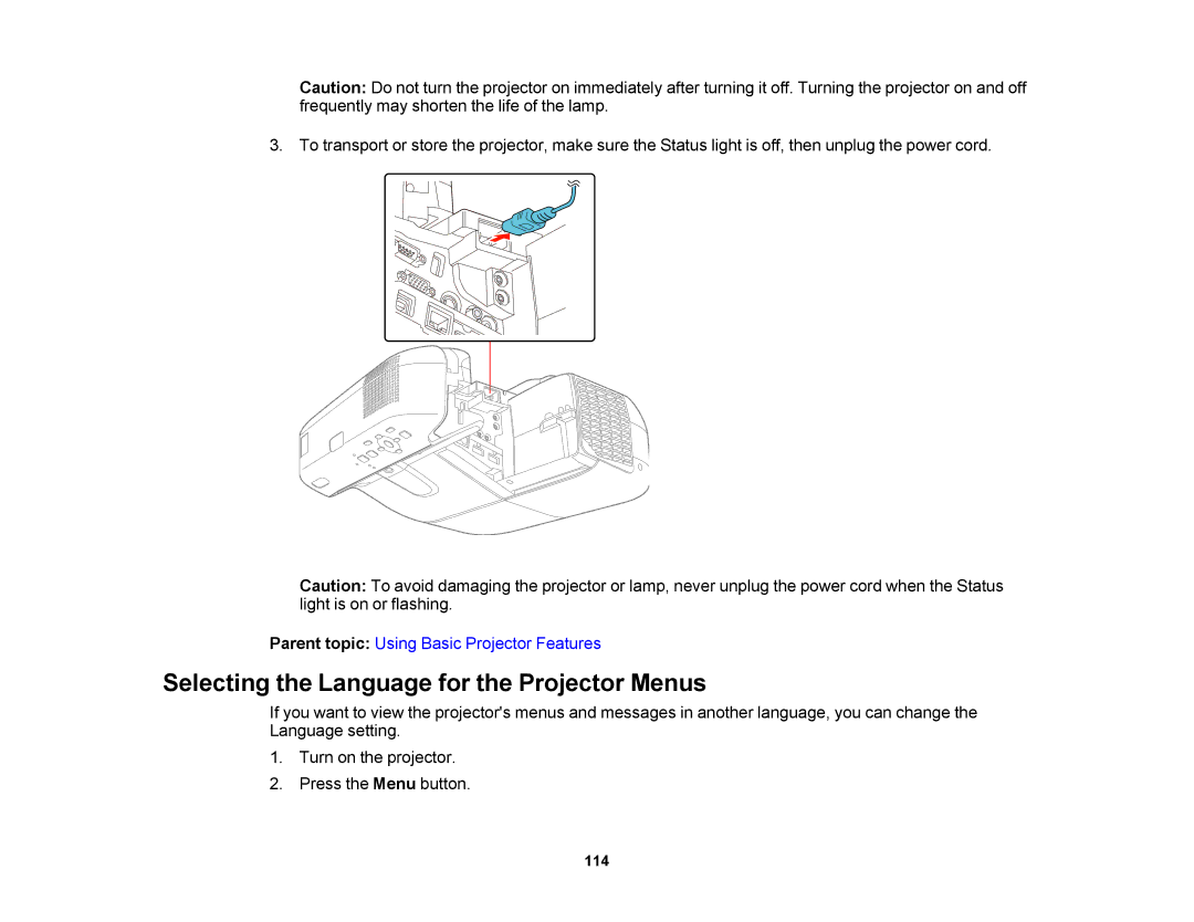 Epson 1430Wi, 1420Wi manual Selecting the Language for the Projector Menus 