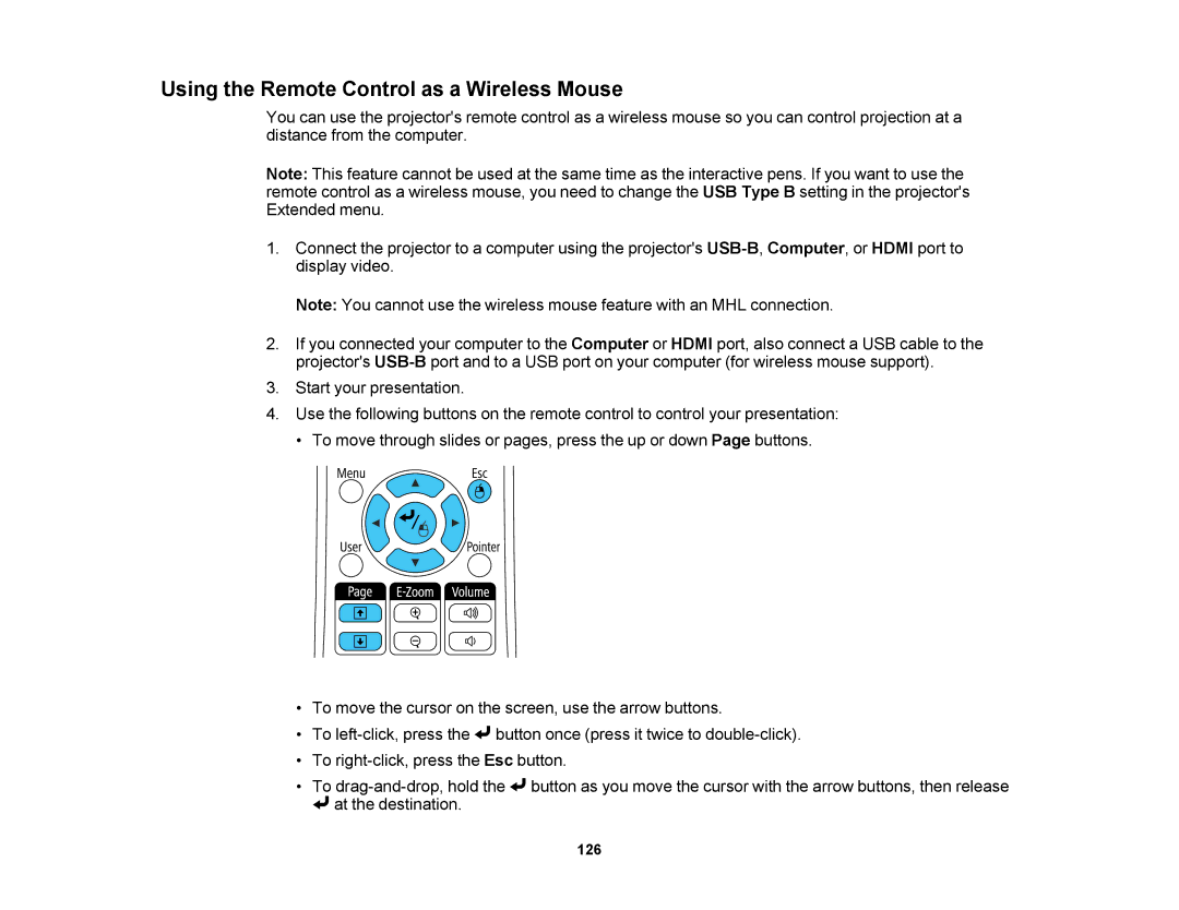 Epson 1430Wi, 1420Wi manual Using the Remote Control as a Wireless Mouse 