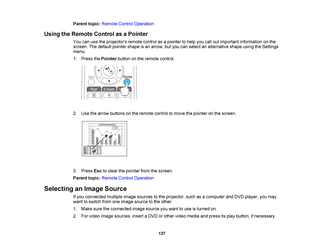 Epson 1420Wi, 1430Wi manual Selecting an Image Source, Using the Remote Control as a Pointer 