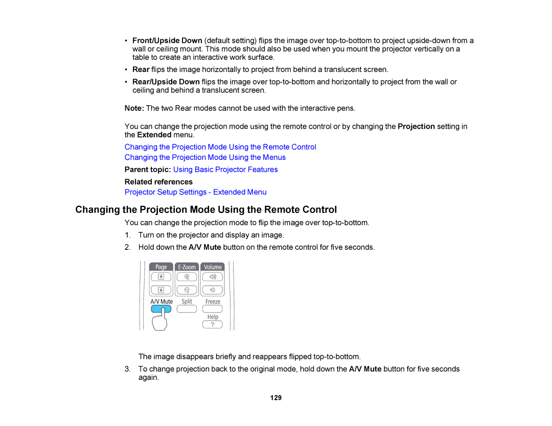 Epson 1420Wi, 1430Wi manual Changing the Projection Mode Using the Remote Control, Related references 