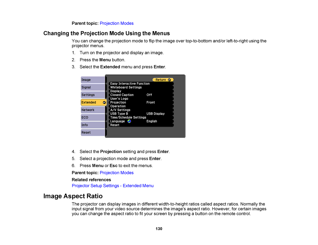 Epson 1430Wi, 1420Wi manual Image Aspect Ratio, Changing the Projection Mode Using the Menus 