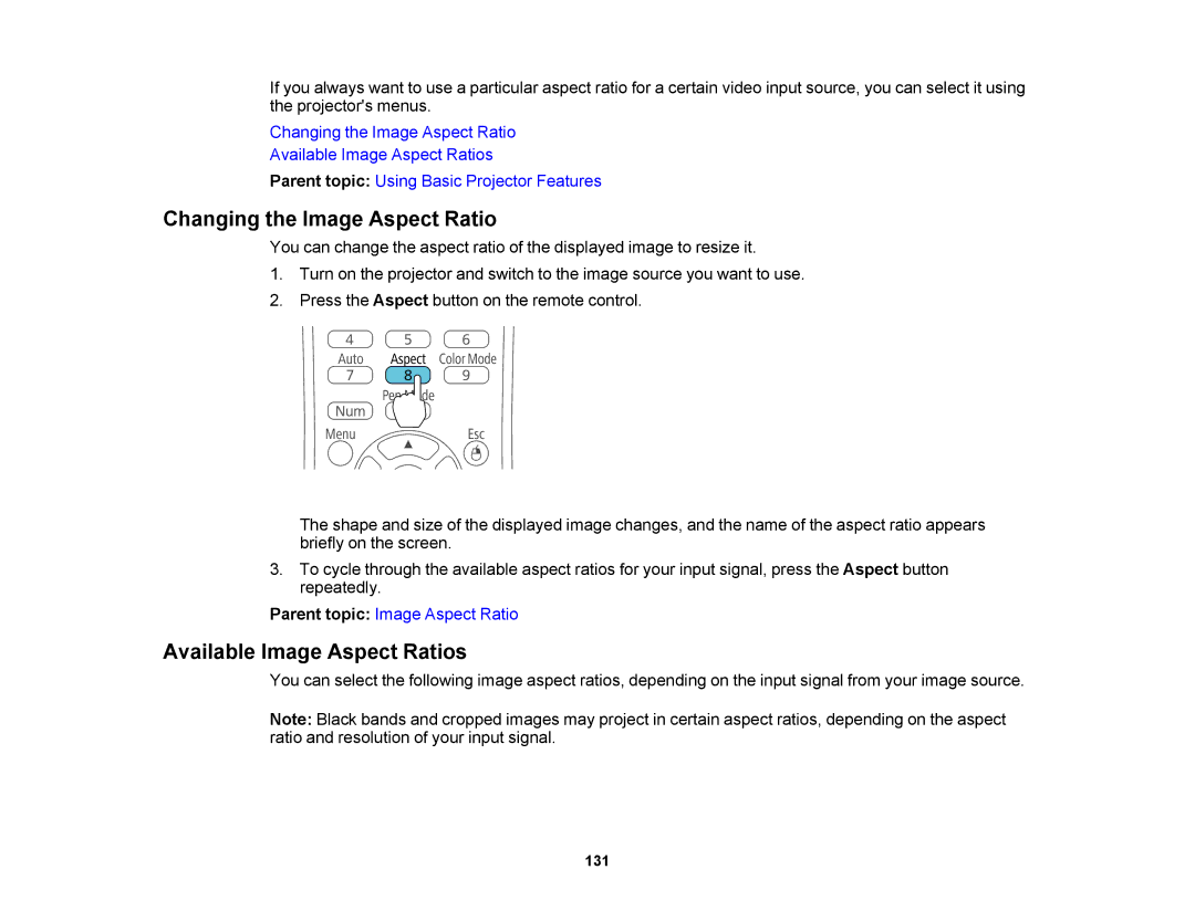 Epson 1420Wi, 1430Wi manual Changing the Image Aspect Ratio, Available Image Aspect Ratios 