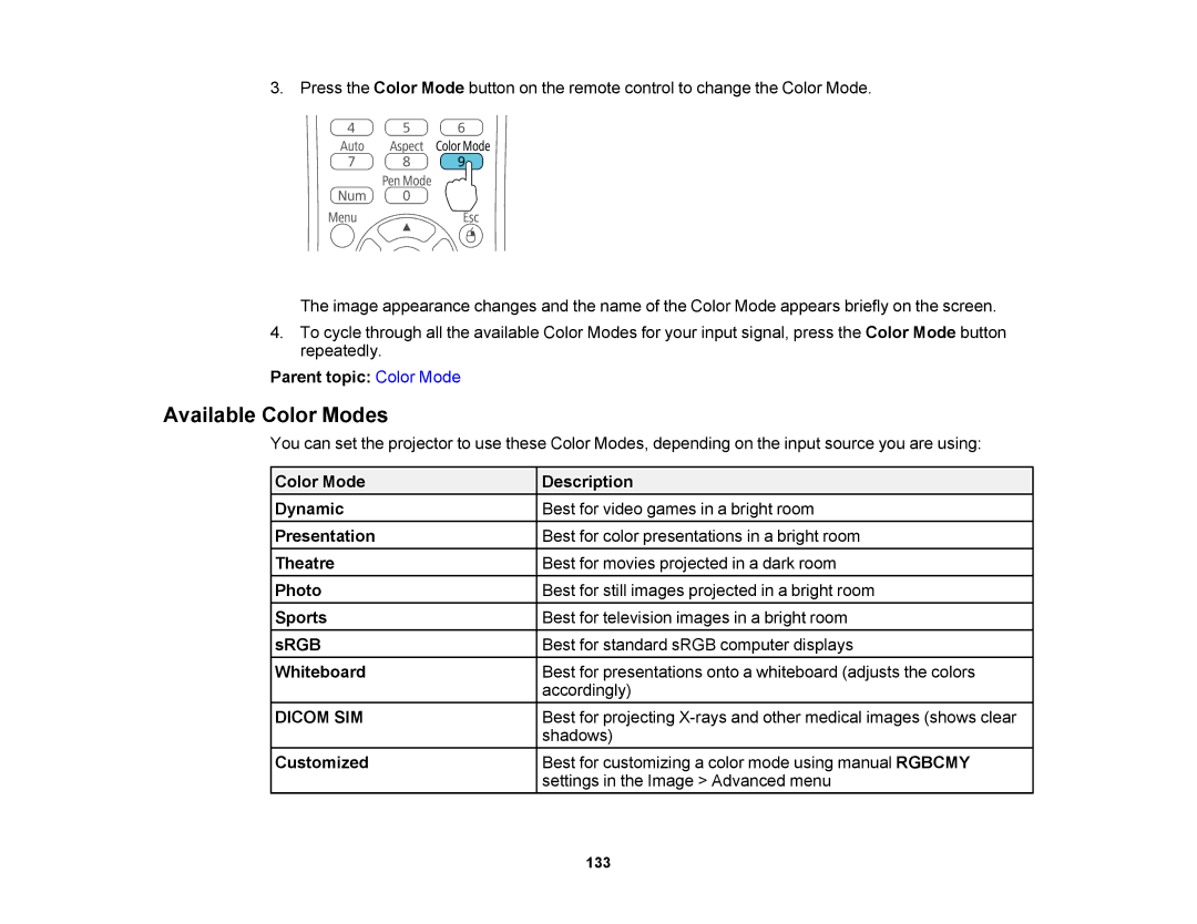 Epson 1420Wi, 1430Wi manual Available Color Modes 