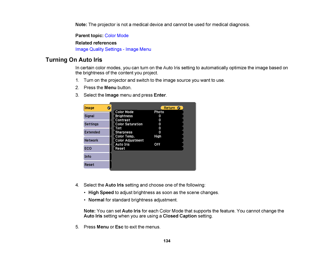 Epson 1430Wi, 1420Wi manual Turning On Auto Iris, Parent topic Color Mode Related references 